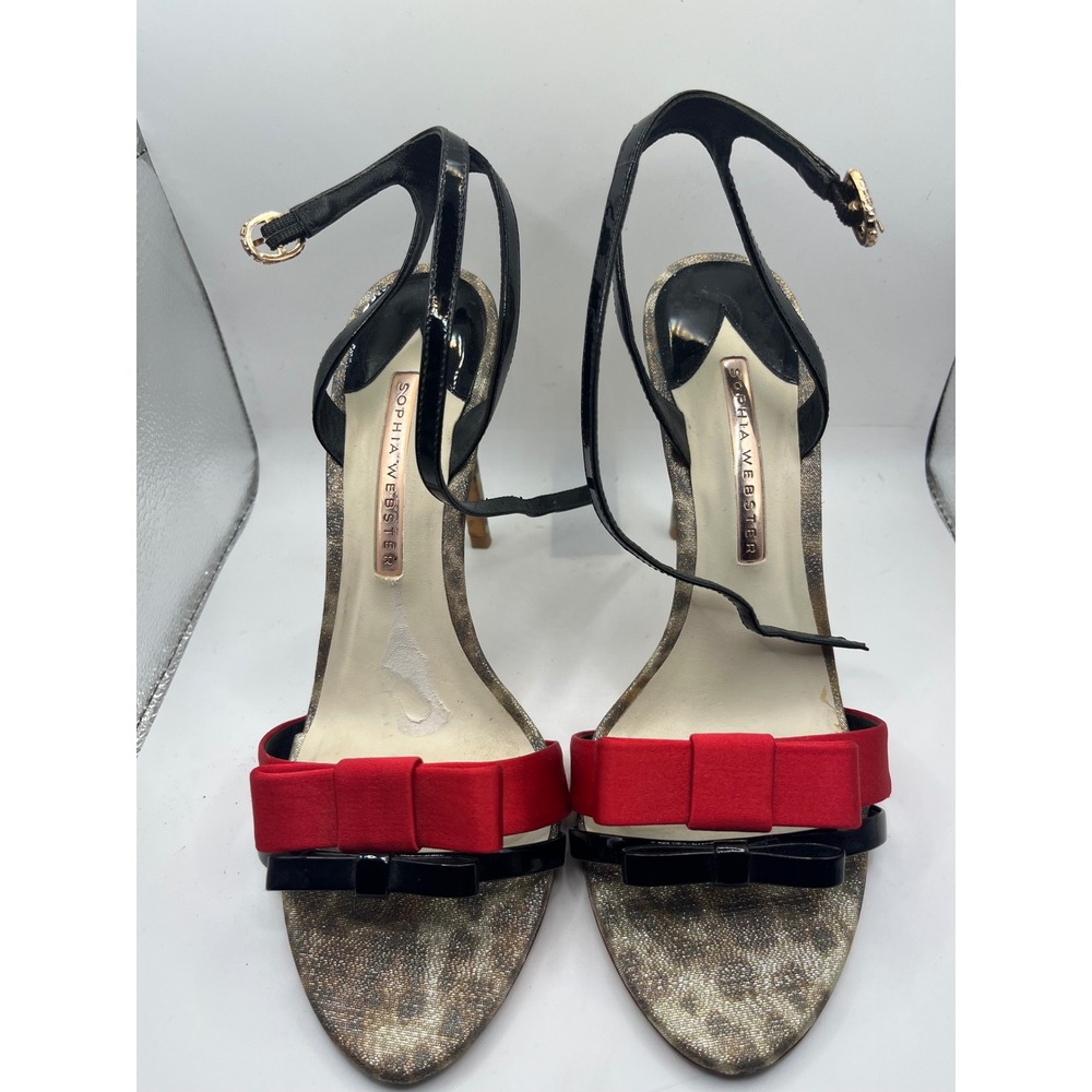 Sophia‎ Webster Leopard Print Heels Red Bows Ankle Strap Stiletto Shoes 39.5